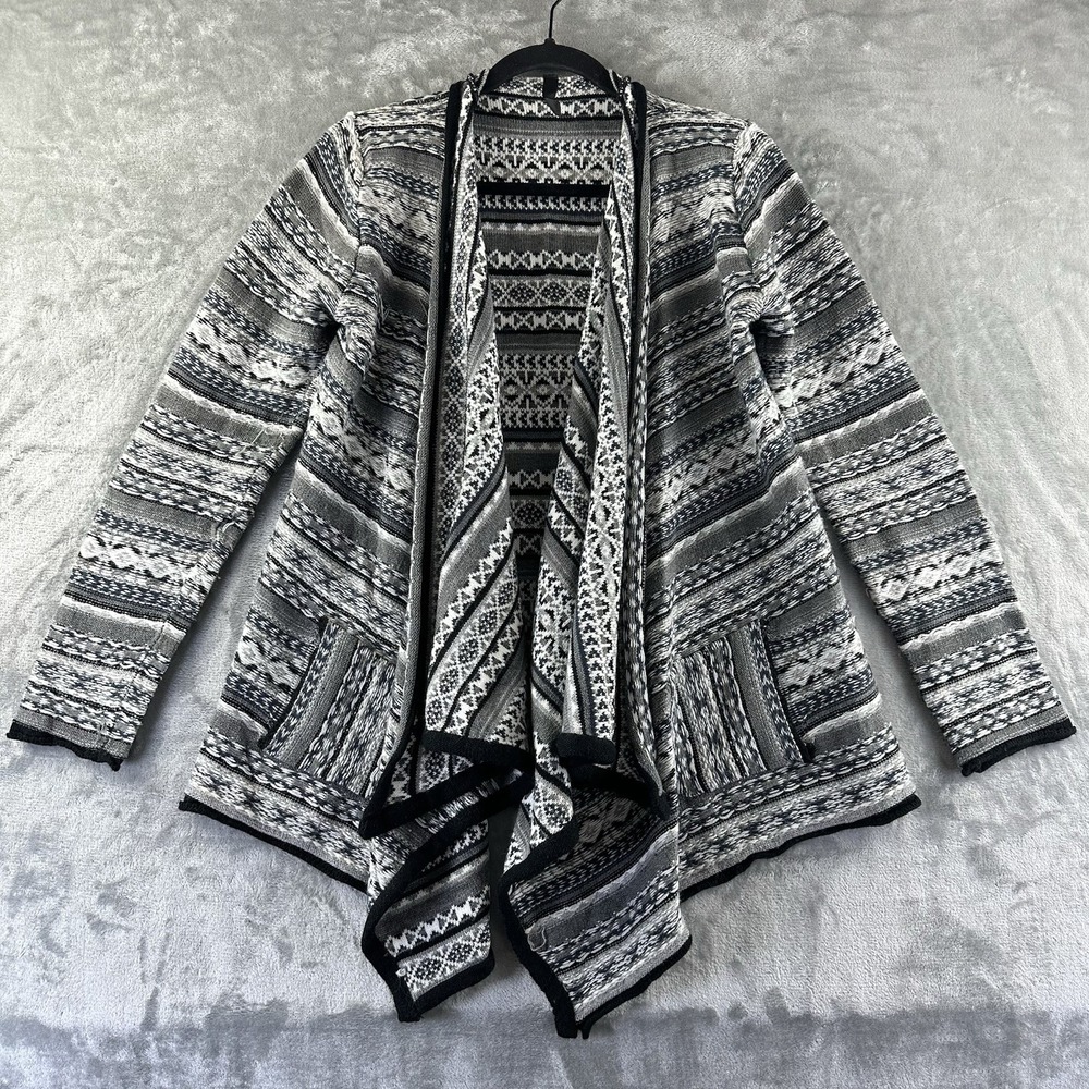 Elon Cardigan Sweater Women's M Gray Tribal Print Waterfall Open Front